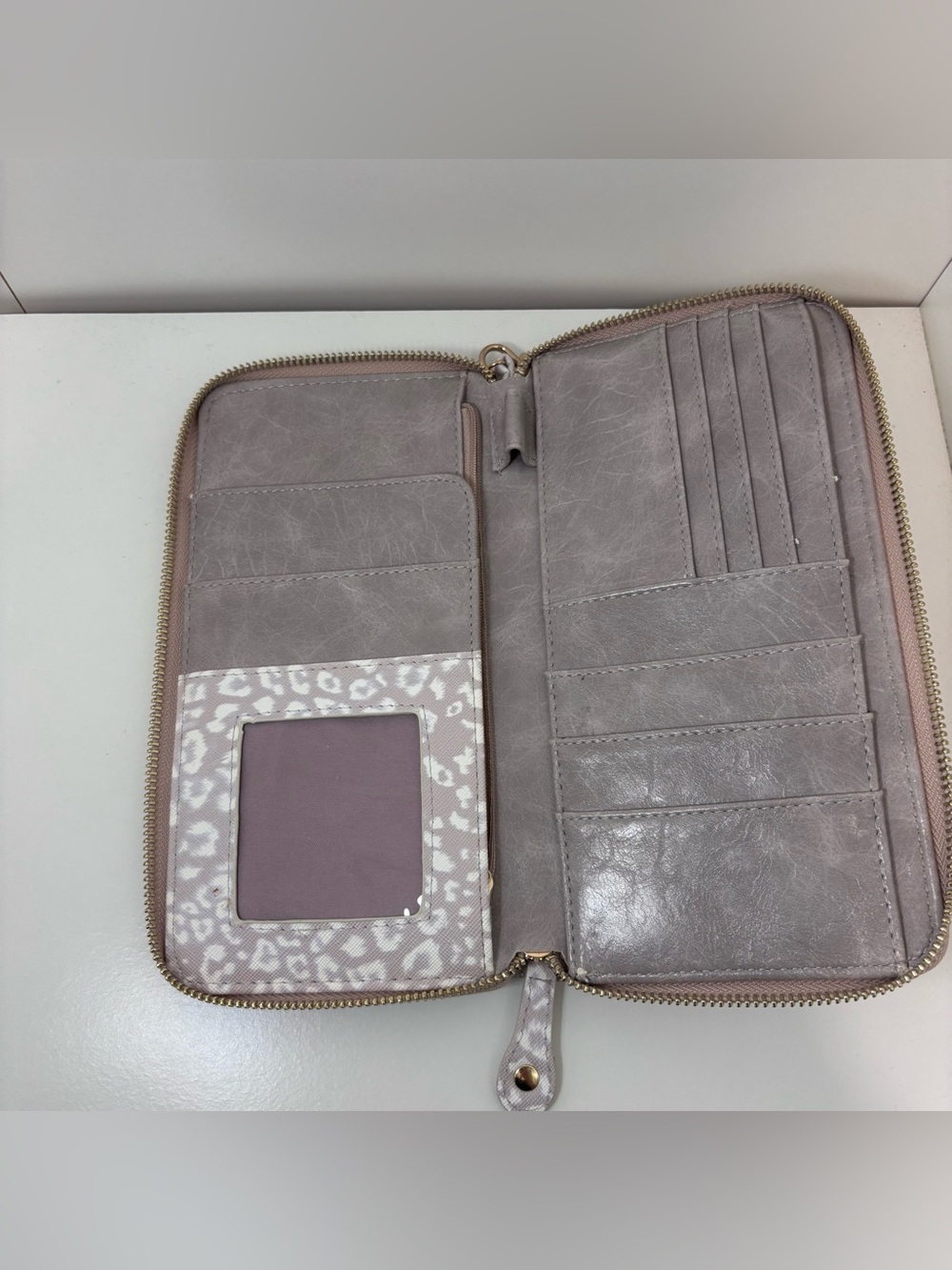Zip-Around Women's Wallet large gray white leopard print detachable strap